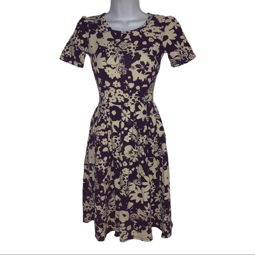 LuLaRoe Amelia Short Sleeve Knit Dress XXS Tan Purple
